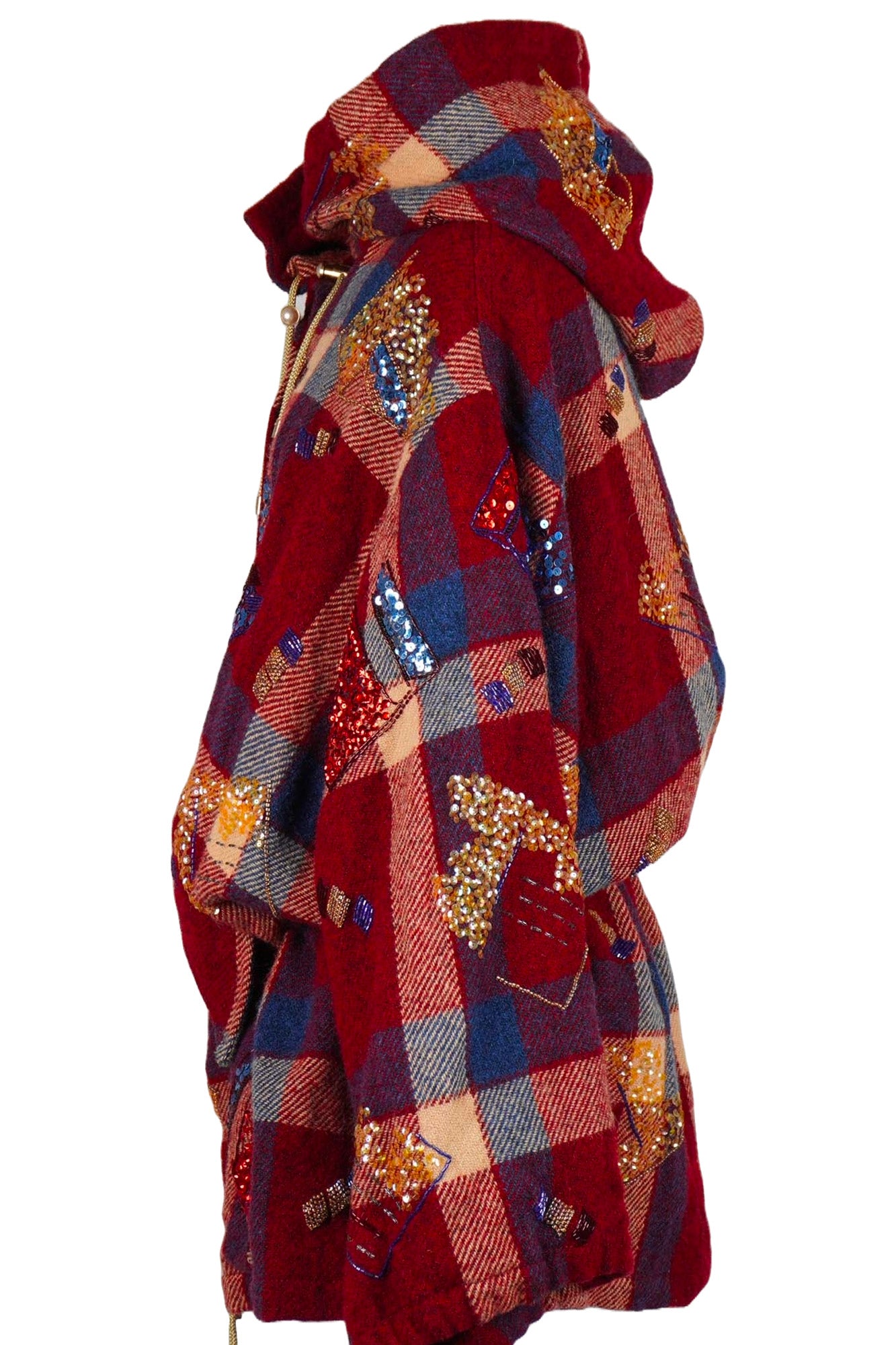 Chanel Red Wool Hooded Coat, side view with elasticated Size , second hand