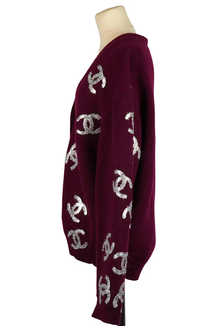 Strickjacke Chanel Bordeaux Kaschmir Kunsthandwerk, Seitenansicht, gebraucht