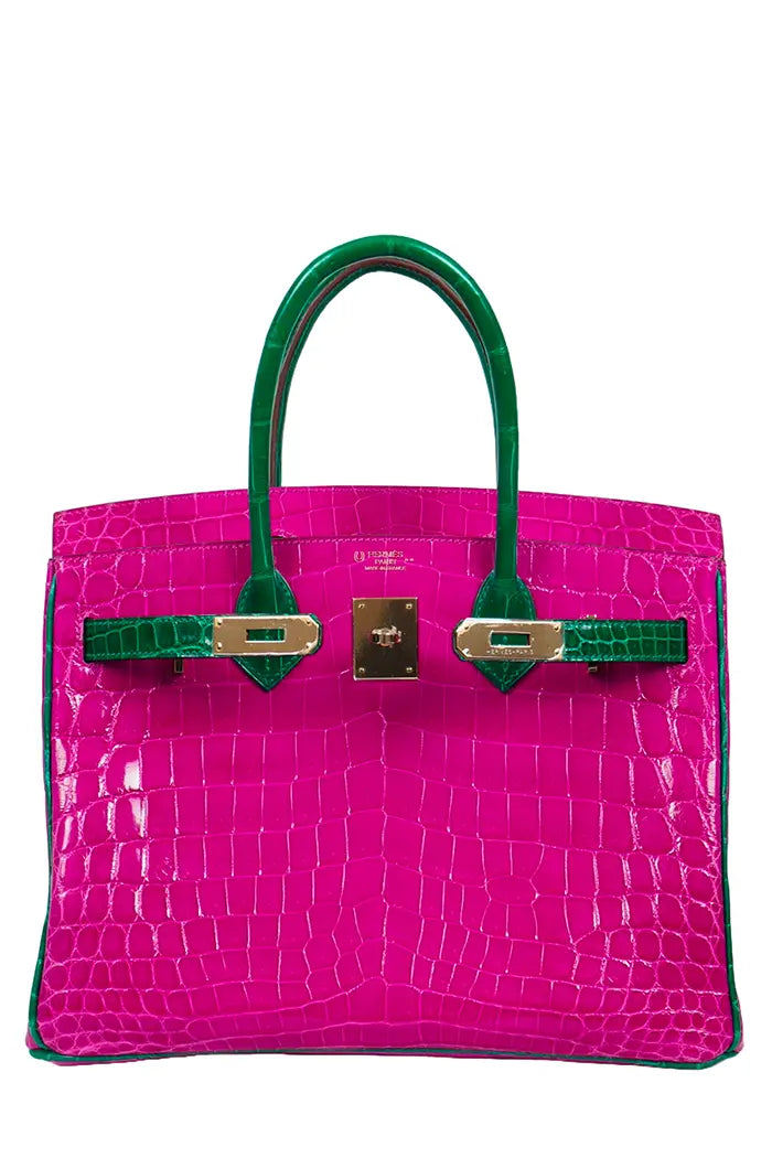 Bolso de mano Hermes Birkin 30 en piel Niloticus rosa scheherazade y verde esmeralda, artículo de segunda mano, vista delantera abierta