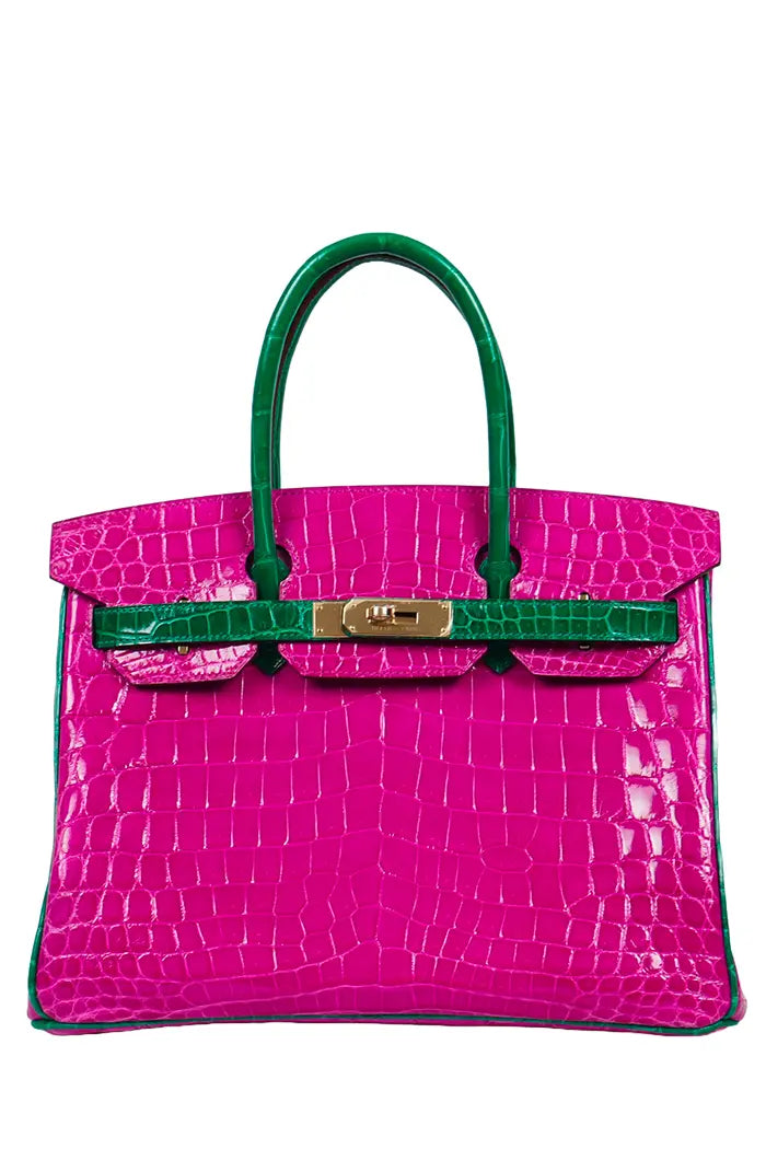 Sac à main Hermes Birkin 30 en Cuir Niloticus rose scheherazade et vert émeraude, article d'occasion, vue de face fermé