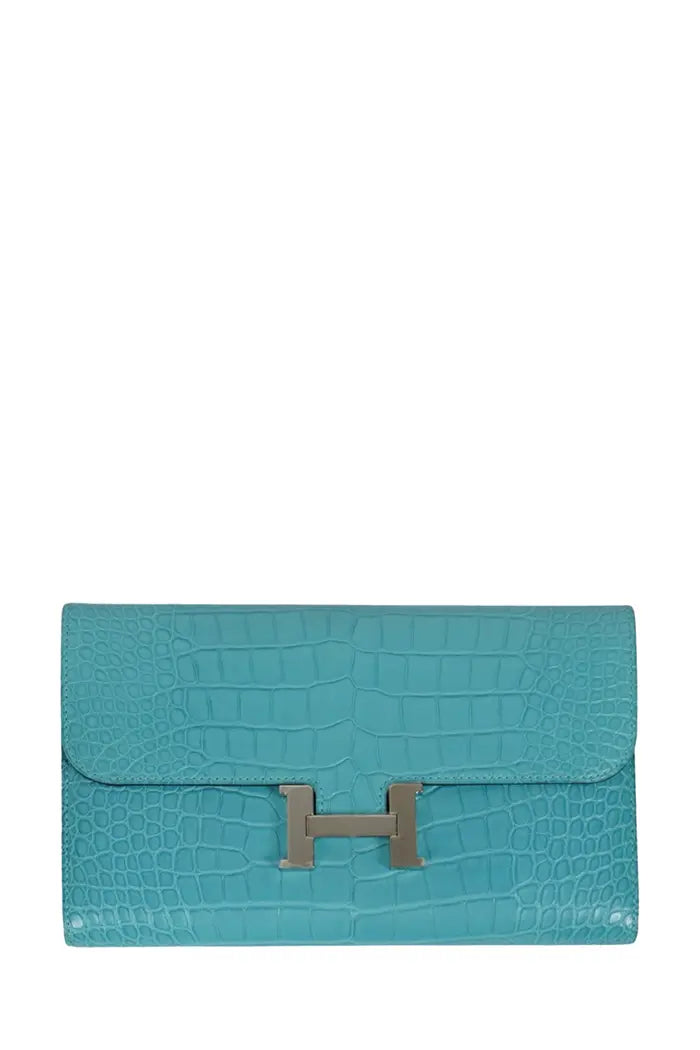 Cartera Hermes Constance Azul Turquesa en Piel de Aligátor, artículo de segunda mano, vista frontal cerrada