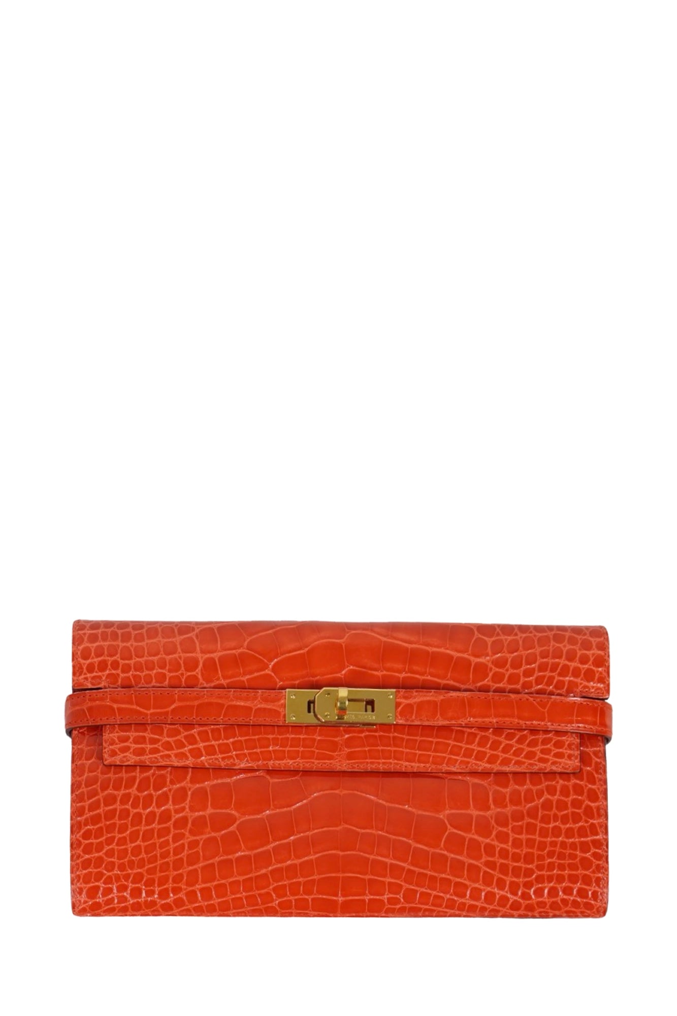 Cartera Hermes Kelly naranja en piel de aligátor, artículo usado, vista frontal