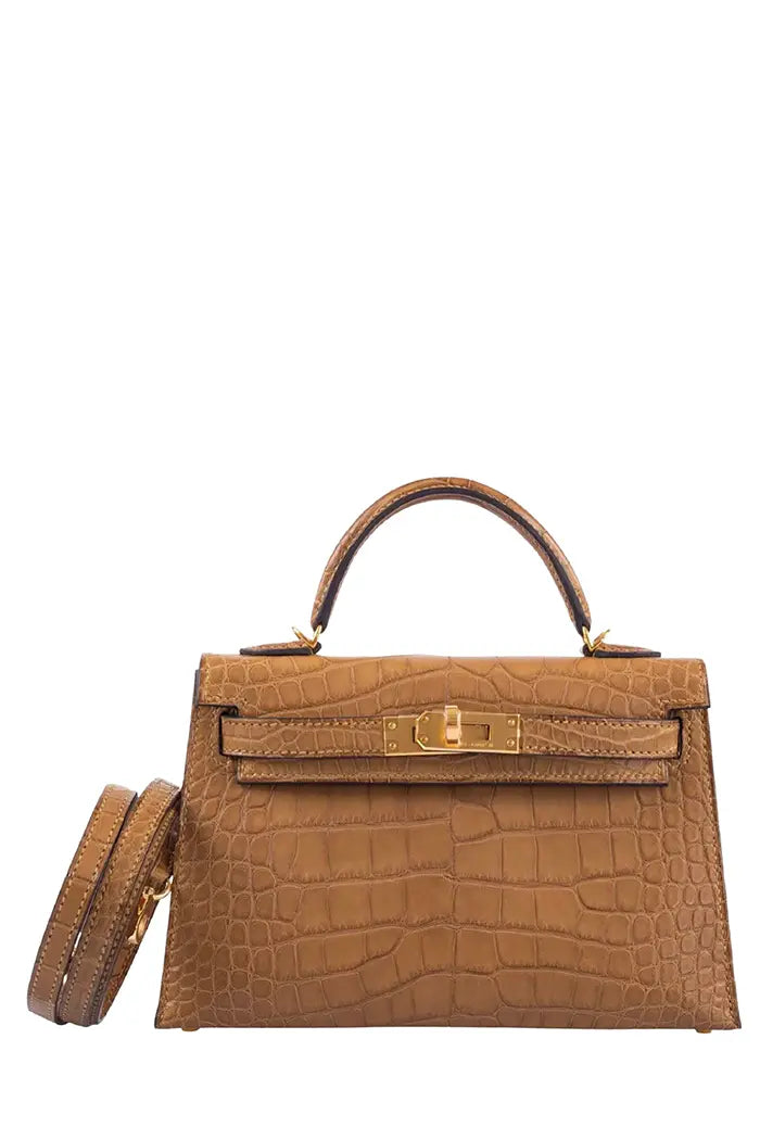 Mini bolso Kelly Kraft Mat de piel de caimán, artículo de segunda mano, con bandolera desmontable