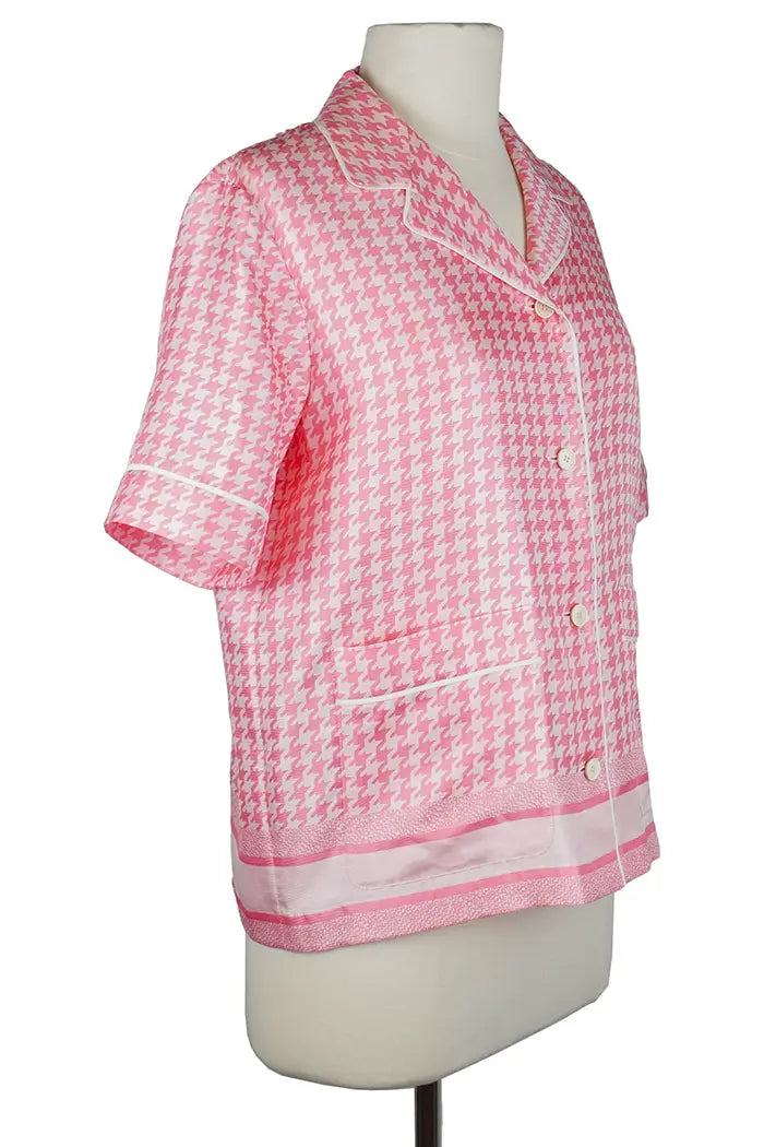 Dior Bluse aus rosafarbener Seide mit Hahnentrittmuster, gebrauchter Artikel, 3/4-Ansicht