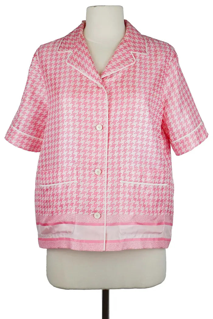 Dior Bluse aus rosafarbener Seide mit Hahnentrittmuster, Second-Hand-Artikel, Vorderansicht