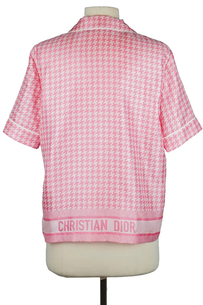 Dior Bluse aus rosafarbener Seide mit Hahnentrittmuster, gebrauchter Artikel, Rückenansicht