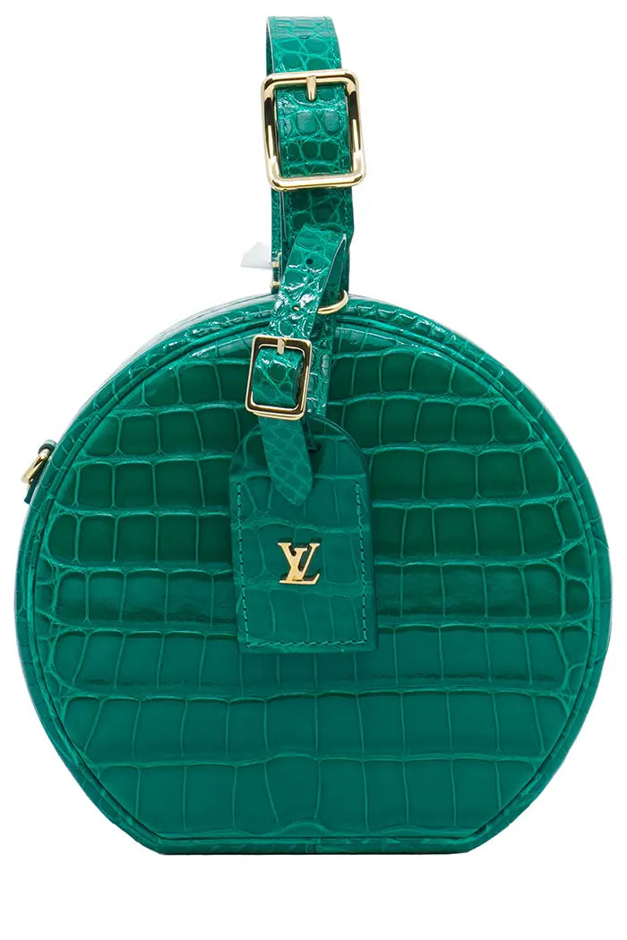 Louis Vuitton 'Petite Boite Chapeau' green bag in hard alligator leather, pre-owned item, front view