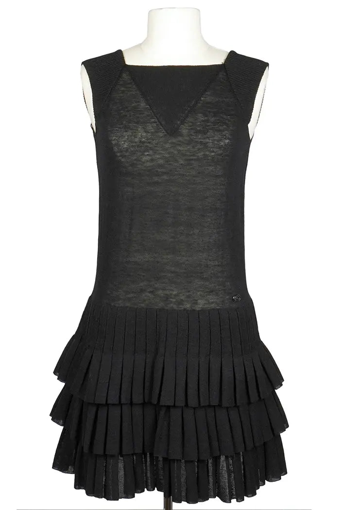 Chanel black flared dress with square collar and pleated mesh, pre-owned item, front view