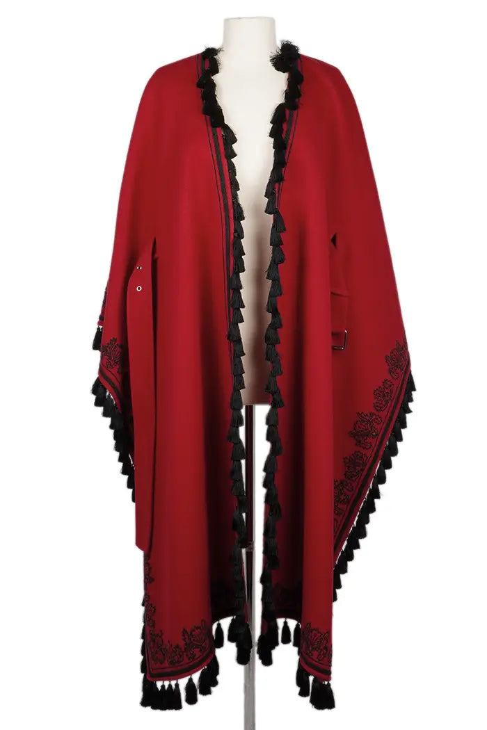 Dior shawl in red virgin wool with black bangs, pre-owned item, front view