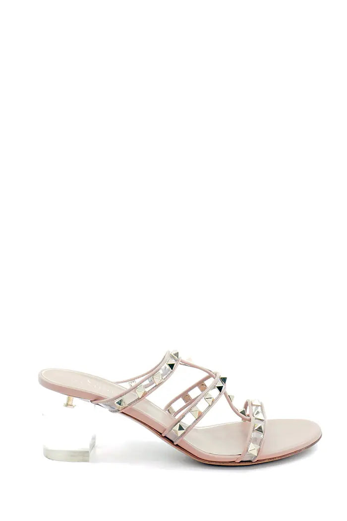 Valentino Gravani Rockstud Sandalen aus poliertem Leder und PVC, gebrauchter Artikel, Seitenansicht