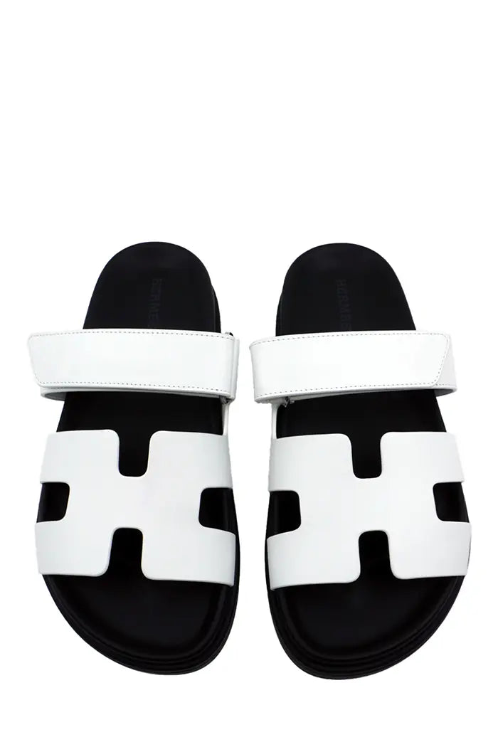 Hermès Chypre white leather sandals, top view. New, used.