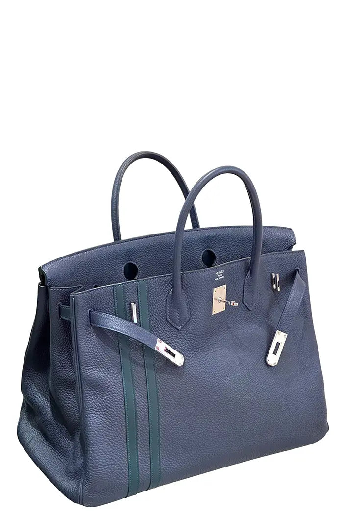 Hermès Birkin 40 Oficial edición limitada en piel azul noche con rayas decorativas, prepintado, en muy buen estado.