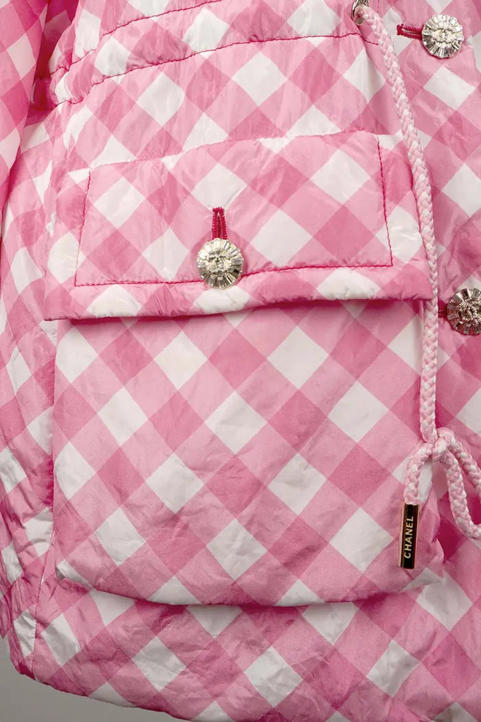 Poches à rabat – Sur-chemise Chanel 100 % soie, vichy rose, boutons apparents