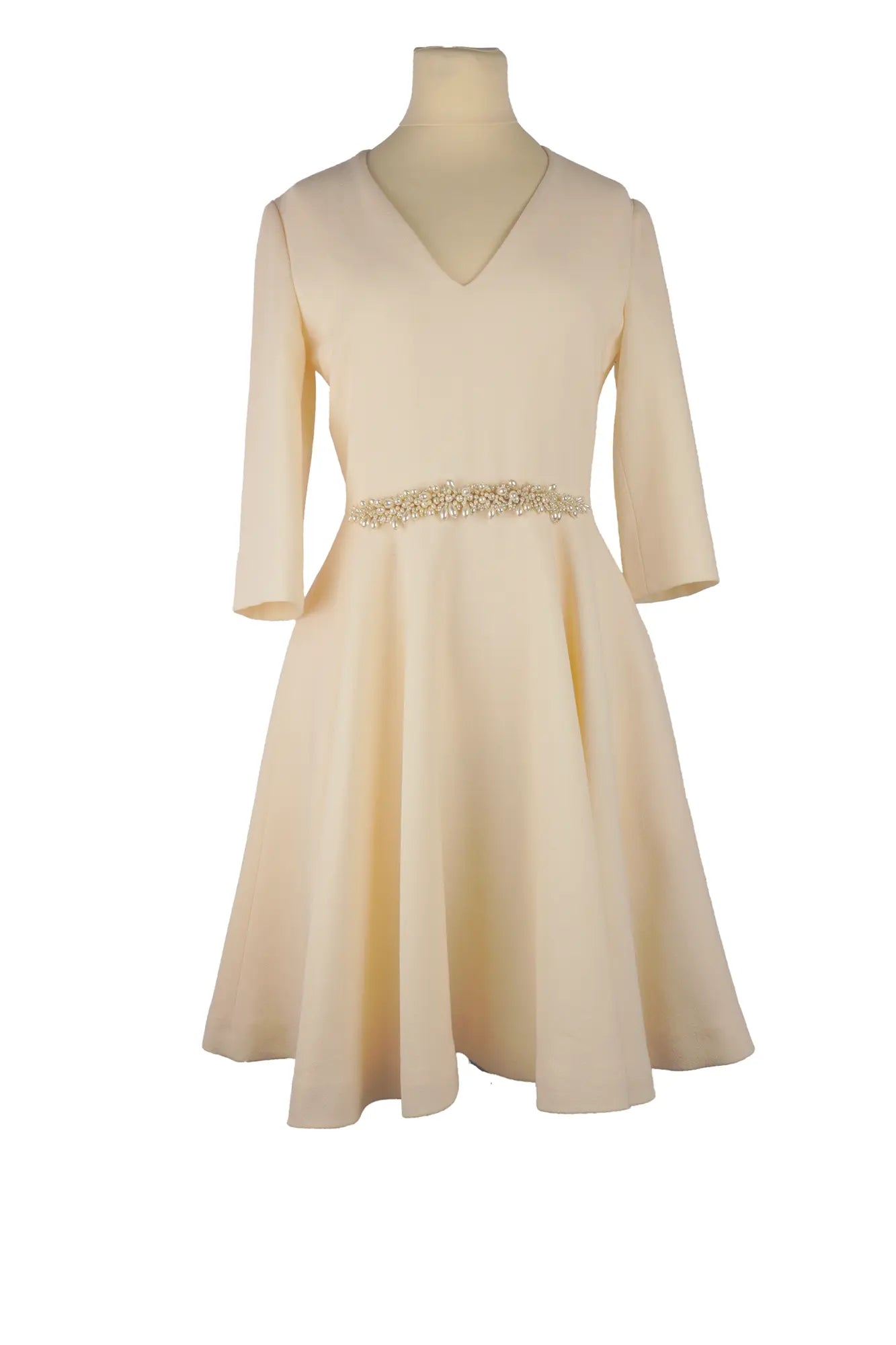 Lanvin ivory wool and silk short dress on mannequin, V-neck, 3/4 sleeves and resin bead embellishments, size 34FR, chic style for elegant evening.