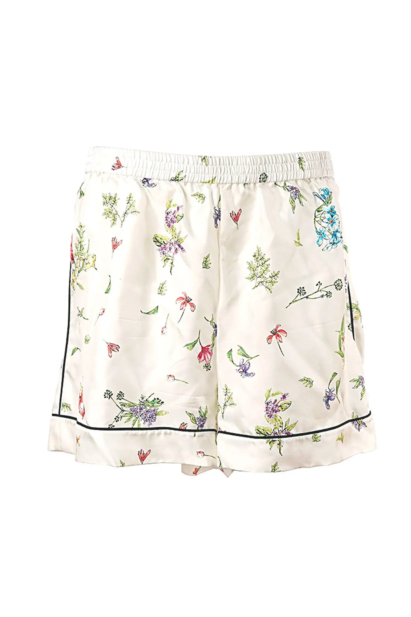 Close-up of the shorts matching the Dior ensemble in white silk, constellation print and delicate finishing, perfect for an upscale loungewear look.