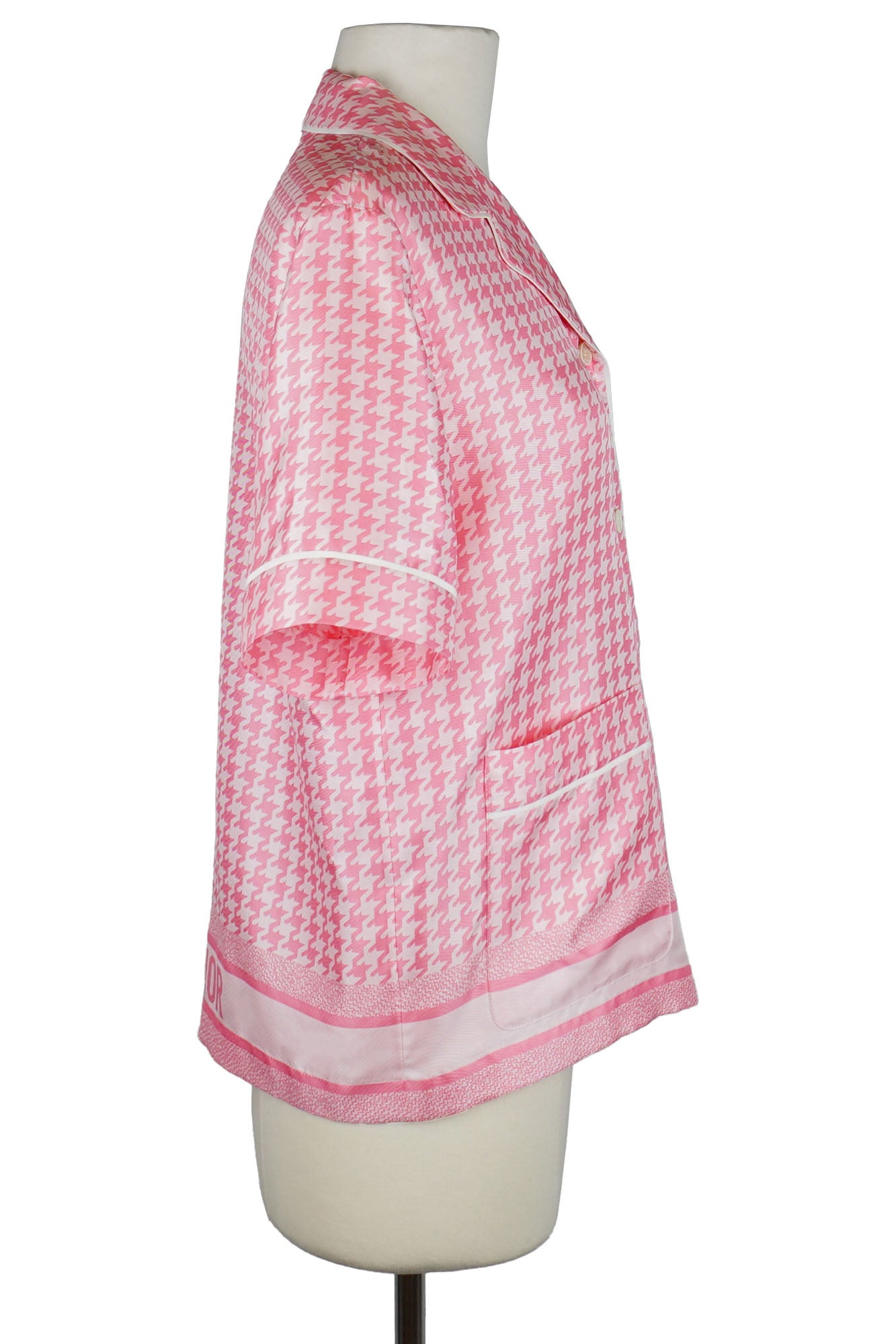 Dior Bluse aus rosafarbener Seide mit Hahnentrittmuster, gebrauchter Artikel, Seitenansicht