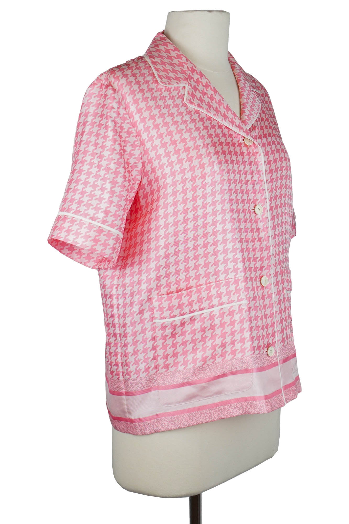 Dior Bluse aus rosafarbener Seide mit Hahnentrittmuster, gebrauchter Artikel, 3/4-Ansicht