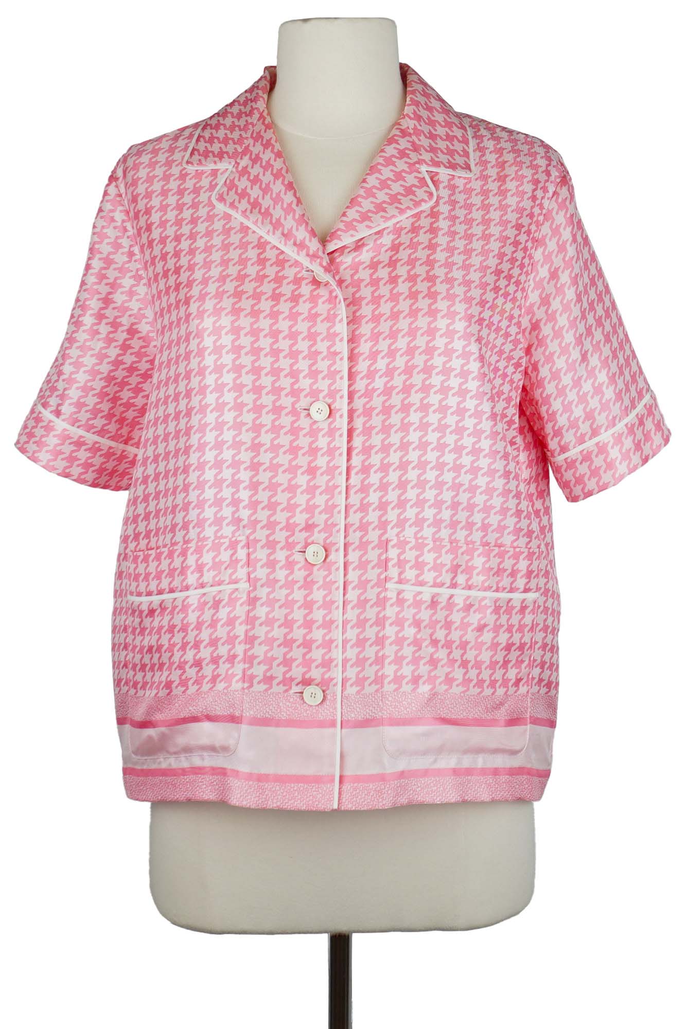 Dior Bluse aus rosafarbener Seide mit Hahnentrittmuster, Second-Hand-Artikel, Vorderansicht