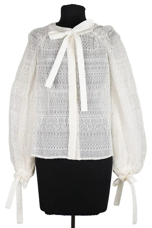 Chanel Guipure blusa blanca con ascot, vista frontal, segundero