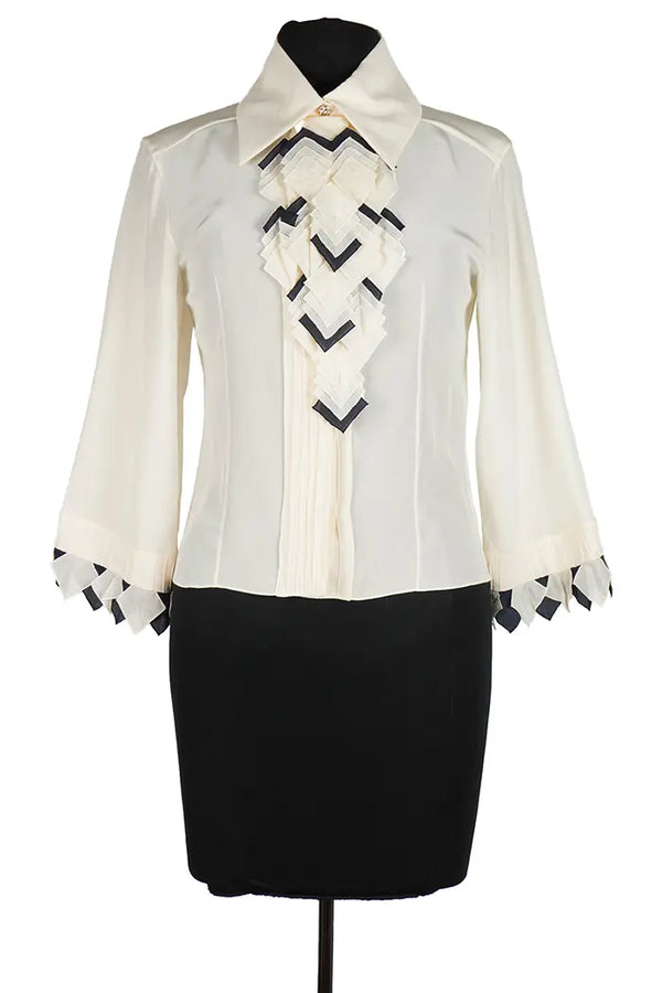 Chanel White Silk blouse, front view, removable tie, second-hand