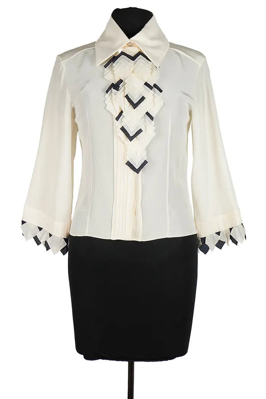 Chanel white silk blouse, front view, removable tie, pre-owned