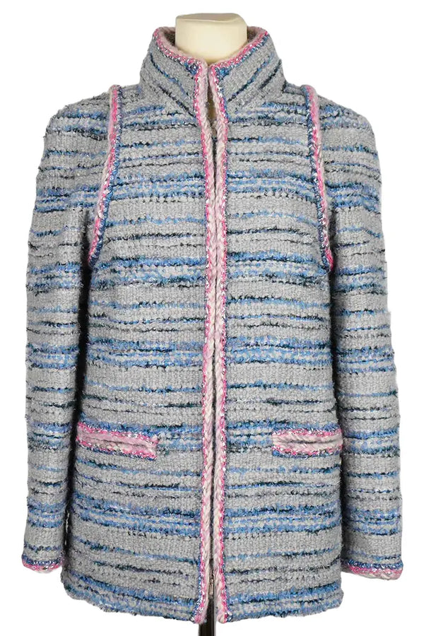 Veste Chanel Tweed bleu gris, vue de face, d'occasion