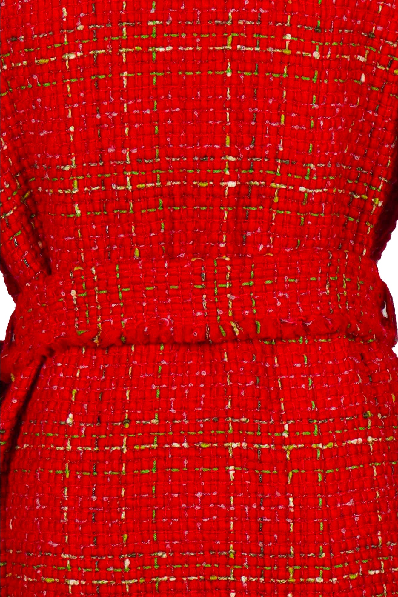 Close-up of the back, belt of the red tweed coat. Ref. 1000006, Reench, preloved luxury.