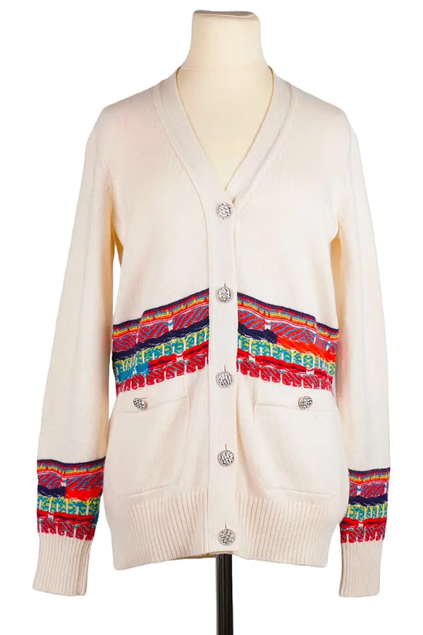 Cardigan Chanel Blanc en Cachemire, d'occasion, vue de face