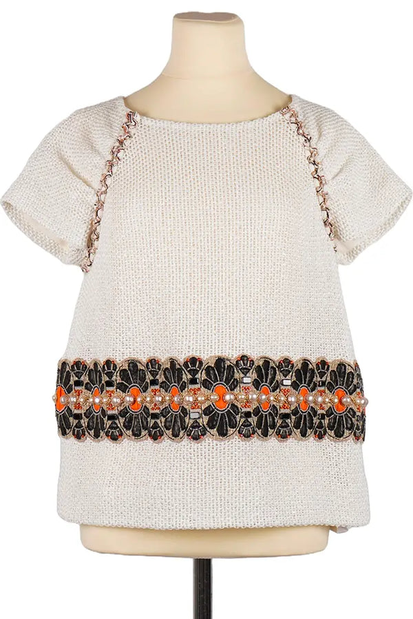 Haut Chanel en Tweed Blanc par Karl Lagerfeld, article d'occasion, vue de face