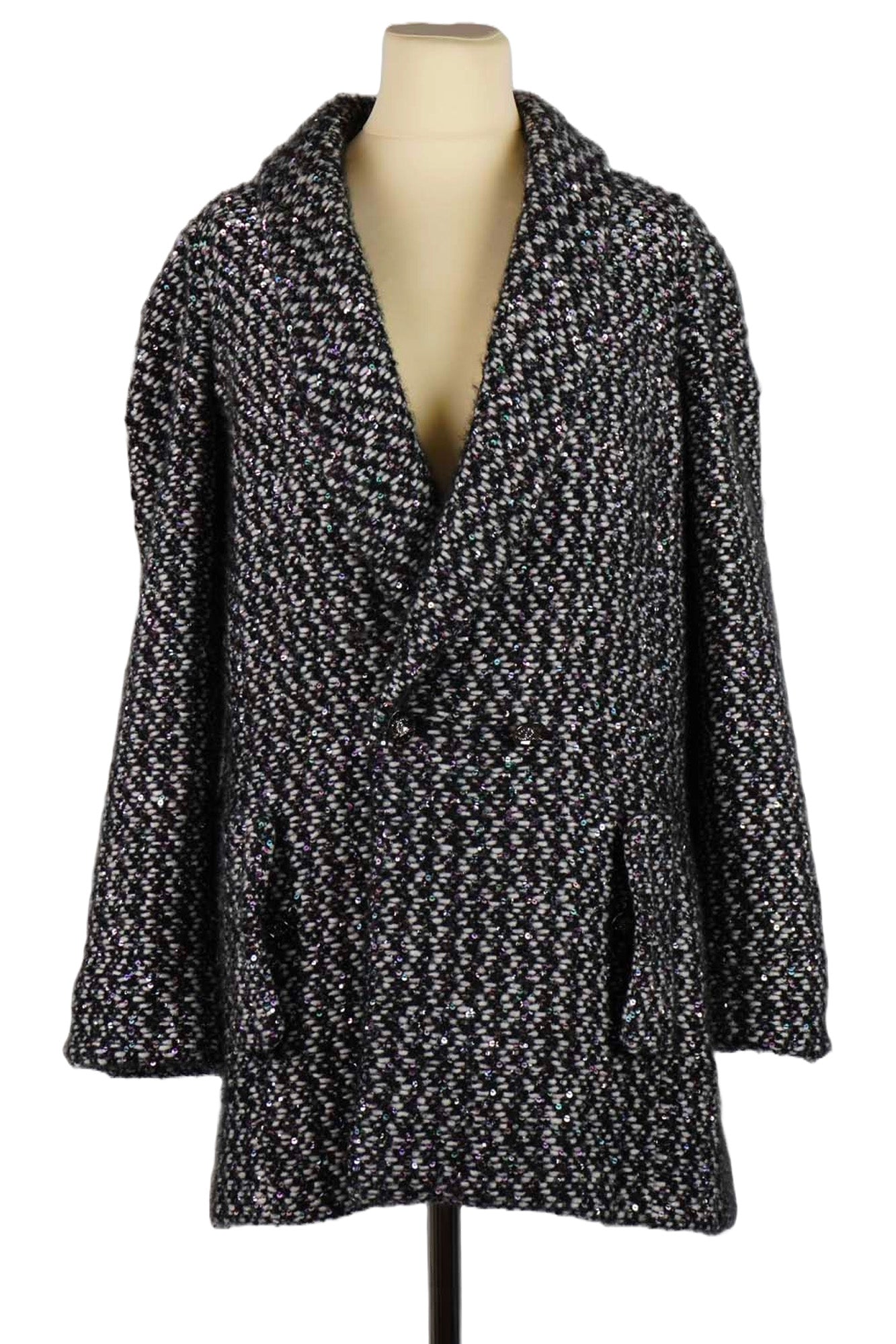 1000031 Manteau Chanel Tweed Noir reench preloved front