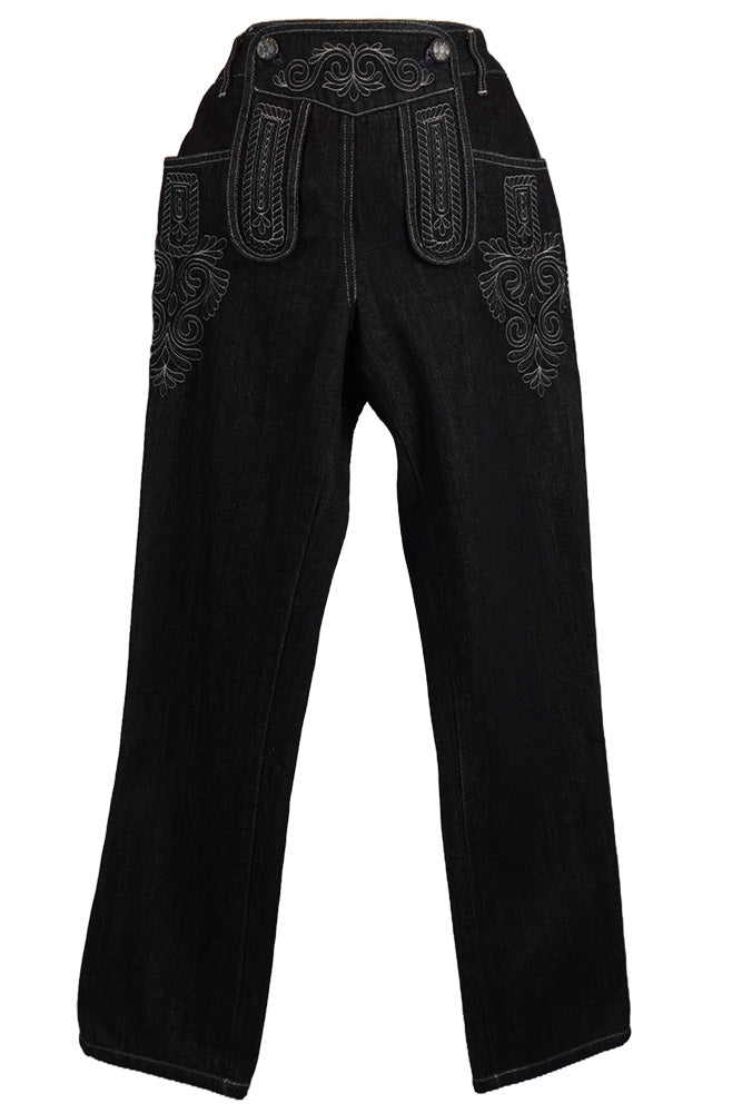 CHANEL pants in navy blue denim from the Métiers d’art collection 2014/15 “Paris-Salzburg”. With Dark navy blue with embroidered Tyrolean designs. Ref. 1000032, Reench.