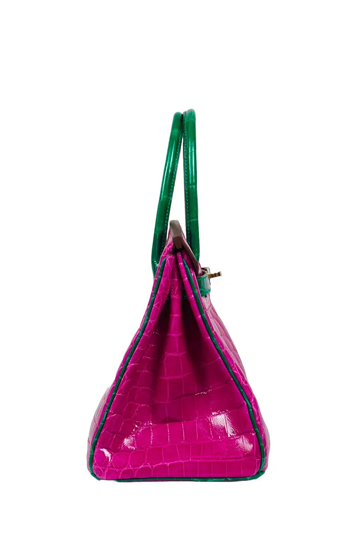 Bolso de mano Hermes Birkin 30 en piel Niloticus rosa scheherazade y verde esmeralda, artículo de segunda mano, vista lateral