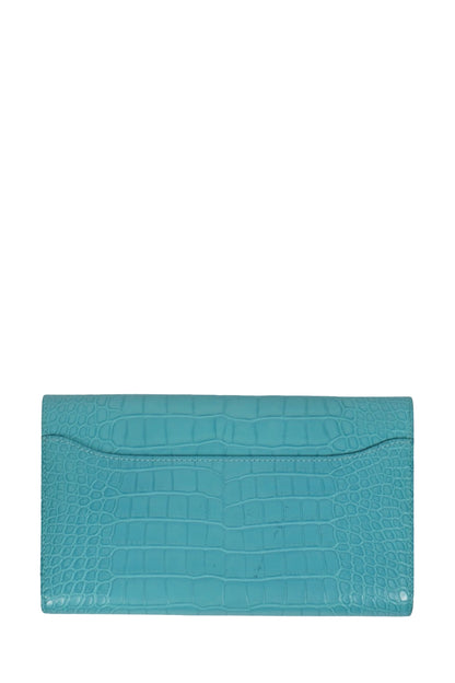 Back view of Constance Wallet Turquoise Blue Alligator, ref. 1000052 preloved Reench.