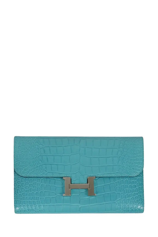 Cartera Hermes Constance Azul Turquesa en Piel de Aligátor, artículo de segunda mano, vista frontal cerrada