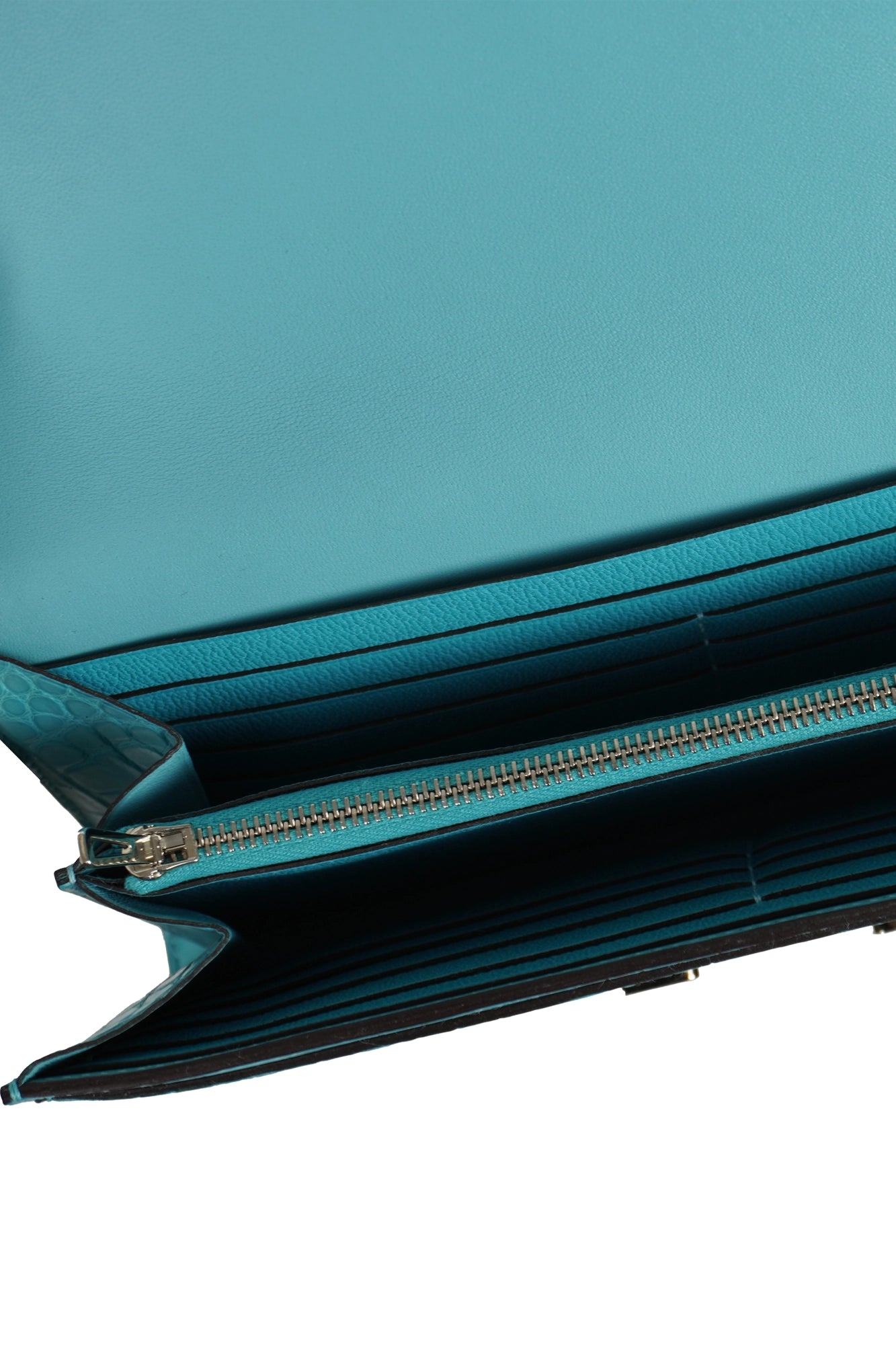 Inside view of Constance Wallet Turquoise Blue Alligator. Reference 1000052 Reench, preloved, luxury.