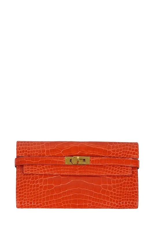 Cartera Hermes Kelly naranja en piel de aligátor, artículo usado, vista frontal