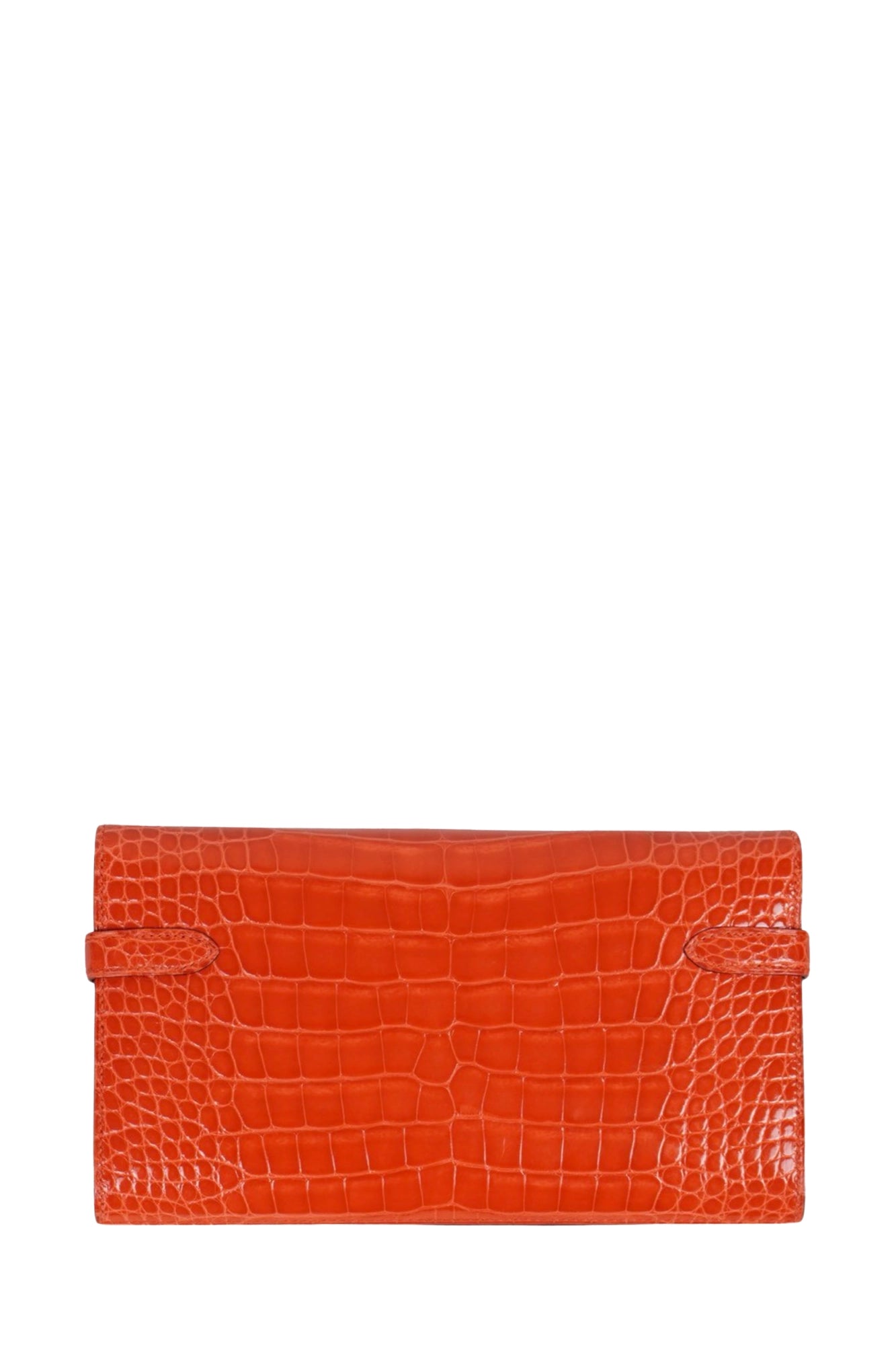 Back side view of Hermès Kelly Wallet in orange alligator leather, ref. 1000053 Reench, preloved.