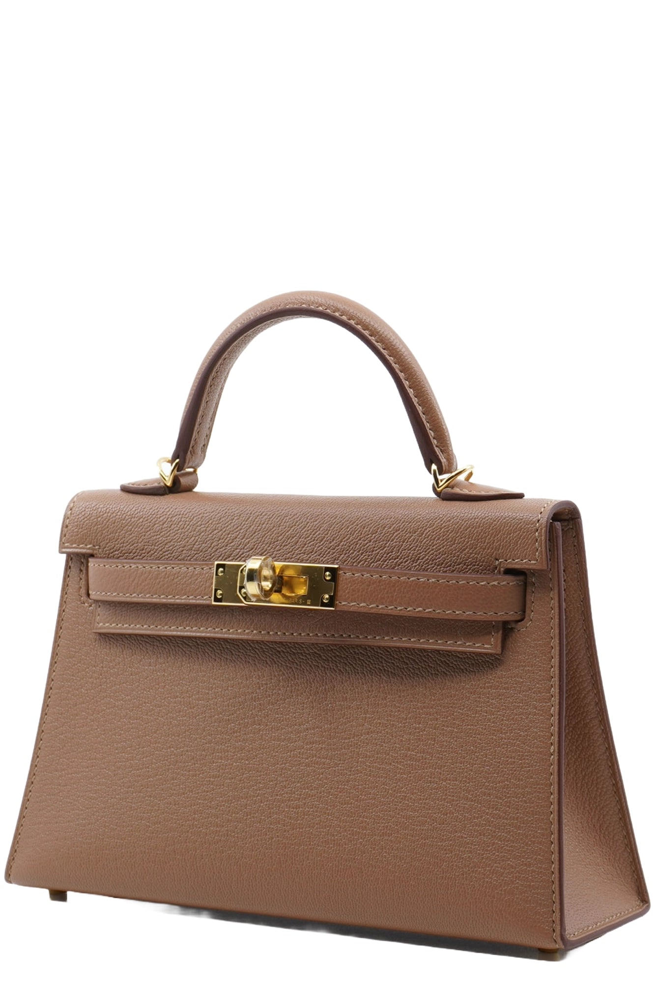 Three-quarter view of Mini Kelly in Mysore Goat Quebracho, reference 1000067, preloved Hermès, Reench, Paris.