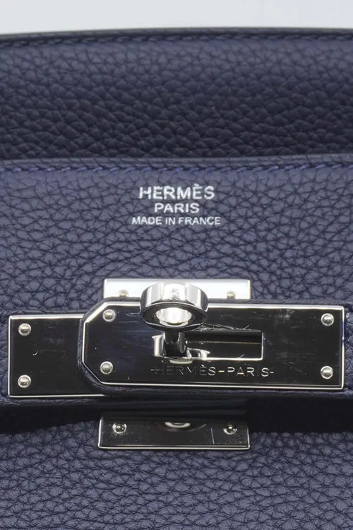 Hermes Birkin 30 leather bag Togo navy blue, pre-owned item, zoom on Hermes logo