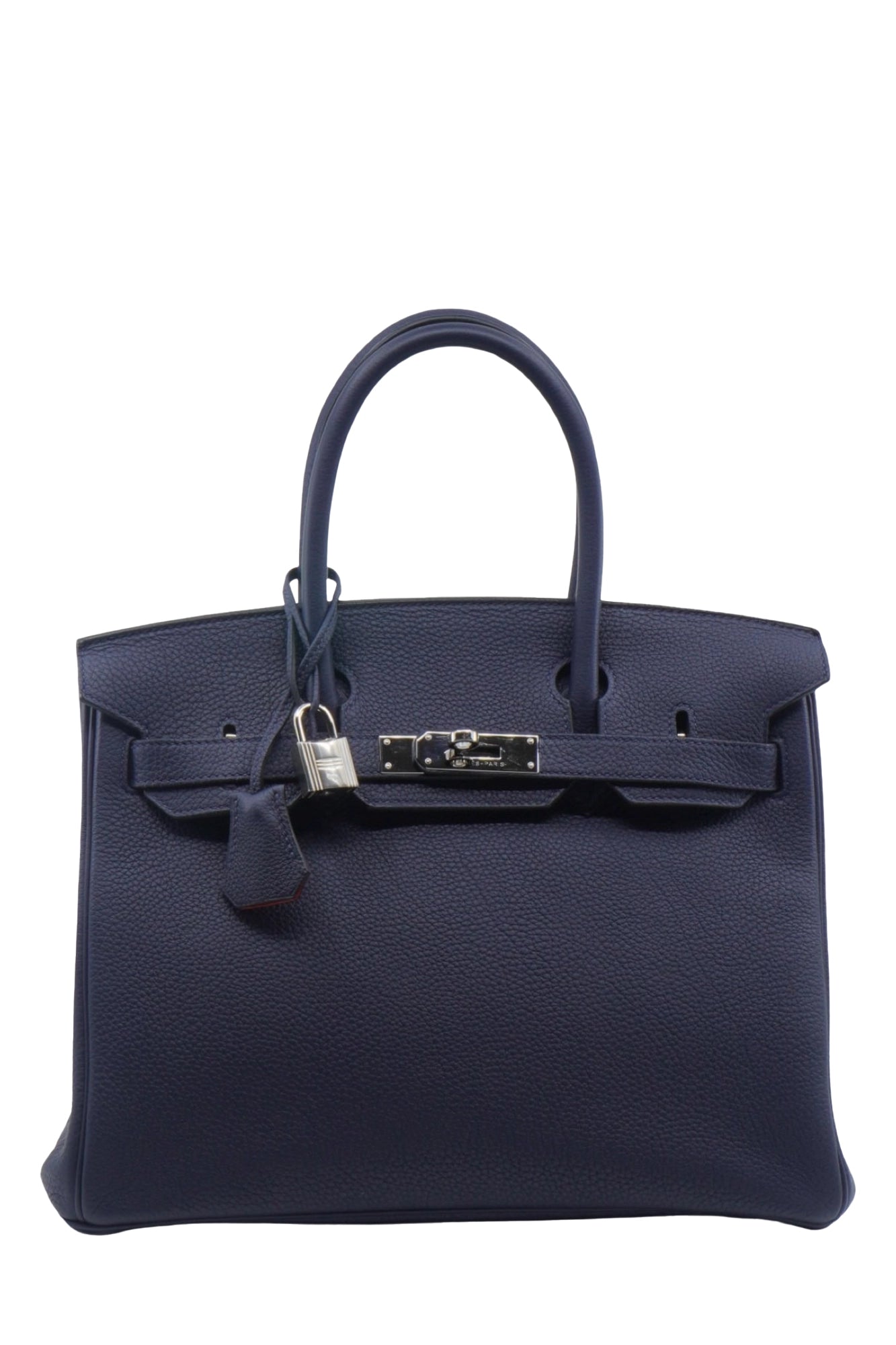 Hermès Birkin 30 bag in navy blue and orange Togo leather, item preloved, front view