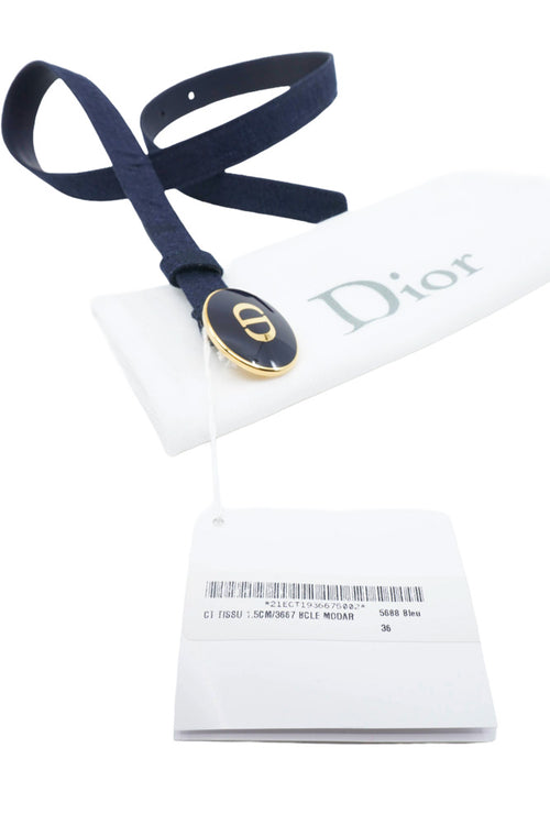 New Look navy blue Dior dress, pre-owned item, view of removable belt with CD pattern