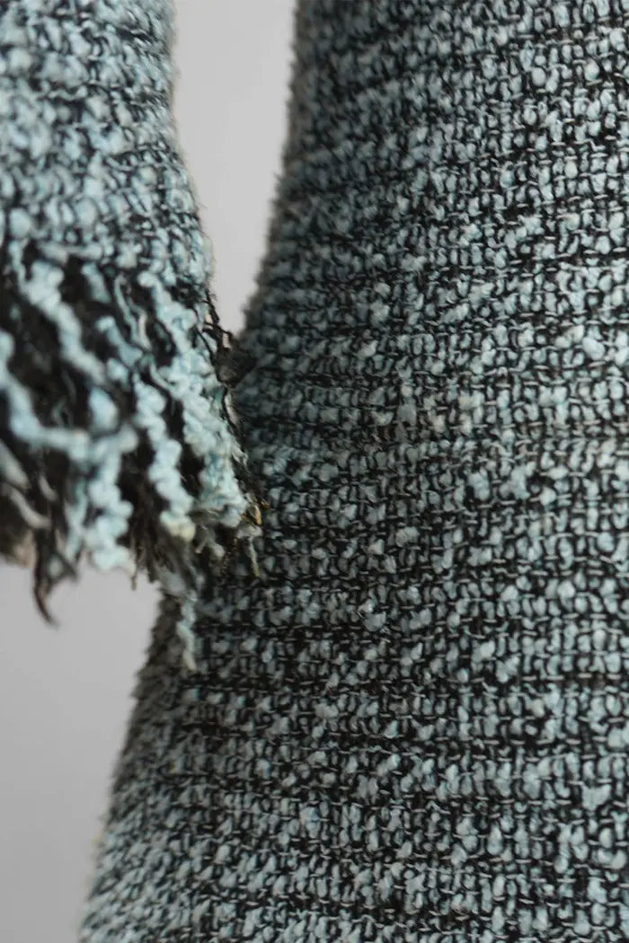Chaqueta de tweed azul, artículo usado, ampliar los flecos de las mangas