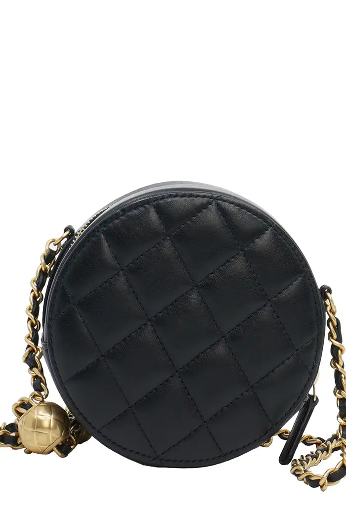 Pearl Crush Chanel round Clutch in black lambskin, pre-owned item, rear view