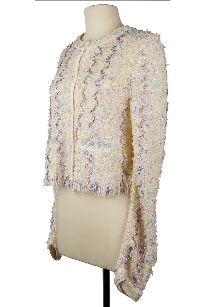Chanel tweed pastel Cardigan , spring/summer 2022 collection, pre-owned item, 3/4 view