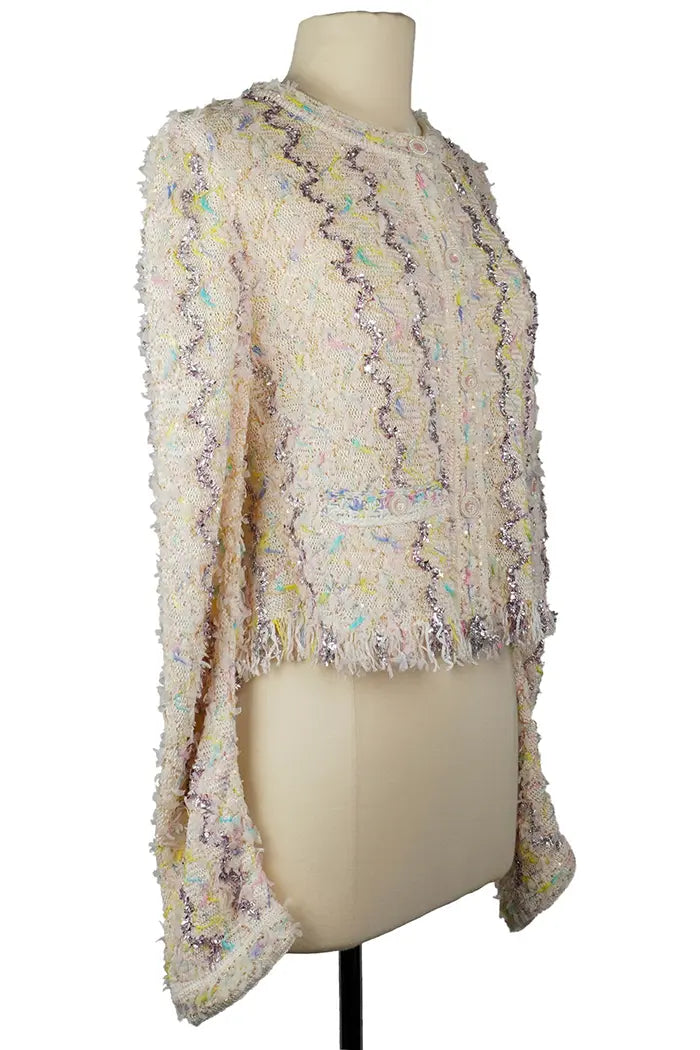 Chanel preloved Cardigan  in pastel tweed, spring/summer 2022 collection, 3/4 length view