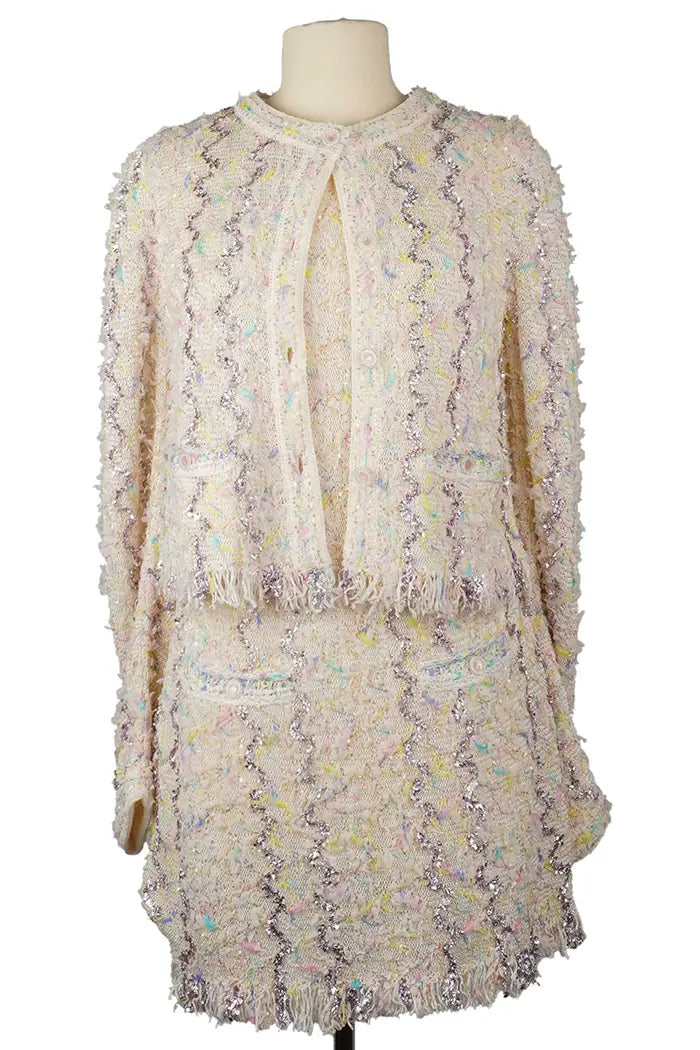 Chanel tweed pastel Cardigan , spring/summer 2022 collection, pre-owned item, view of cardigan and Dress chanel