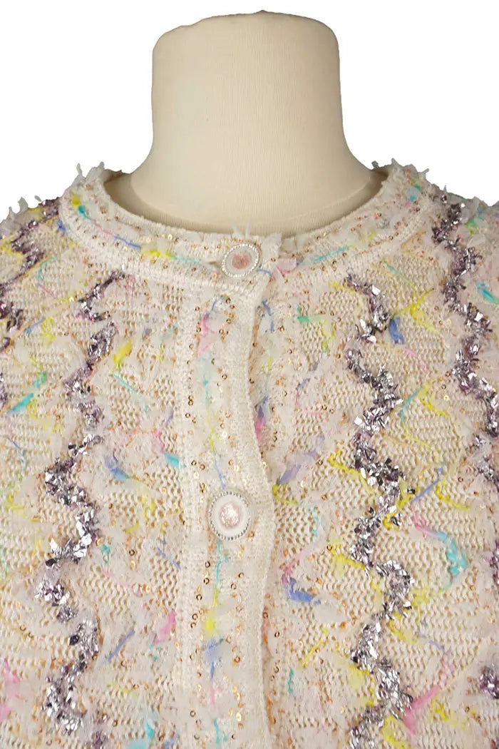 Chanel tweed pastel Cardigan , spring/summer 2022 collection, pre-owned item, zoom on the collar