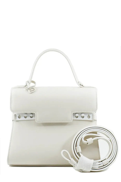 Bolso Delvaux Tempête en piel de becerro crujiente color marfil, artículo usado, vista frontal con su bandolera