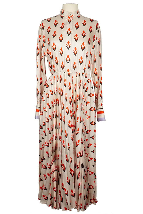 Vestido camisero Valentino de seda plisada marfil, seminuevo, vista delantera sin cinturón