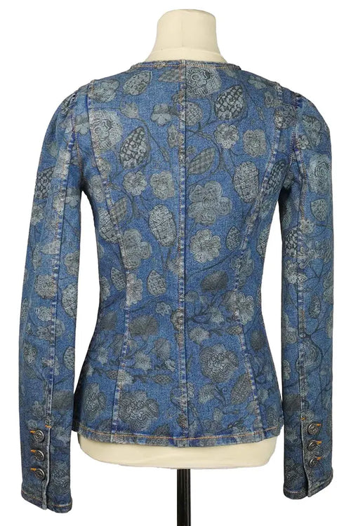 Blaue Jeansjacke mit langen Ärmeln von Chanel mit Blumenmuster, gebrauchter Artikel, Rückenansicht